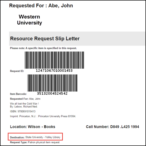 Pick Slip for Resource Owning Institution